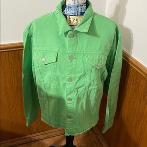 Women’s  Green Denim Jacket with Fringe Along The Bottom